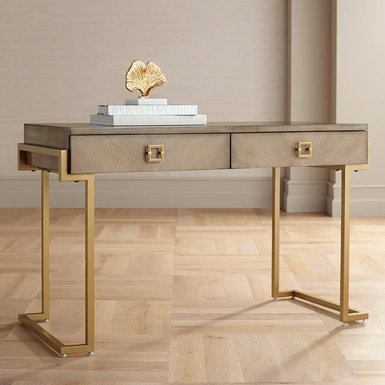 Wheaton 49 1/2&quot; Wide Gold and Wood Glam Modern Writing Desk