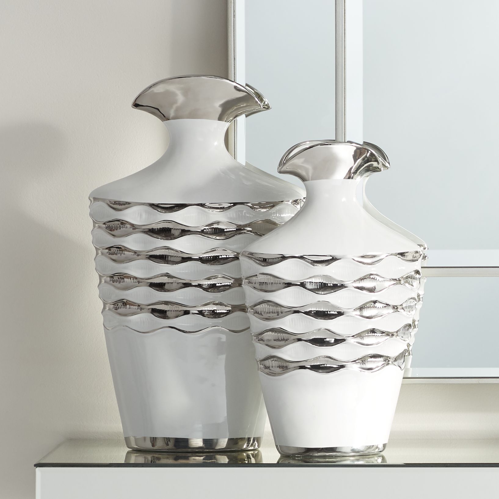 Bainbridge White and Silver Ceramic Vase 2-Piece Set