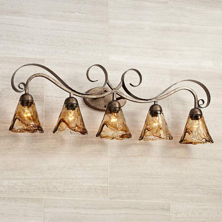 Amber Scroll 37 1 4 Wide Art Glass And, Bronze Bathroom Wall Light Fixtures