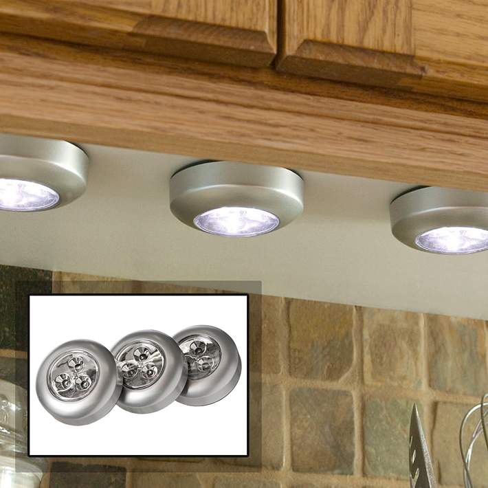 Fulcrum Set Of 3 Puck Led Silver Stick On Cordless Lights 4m998