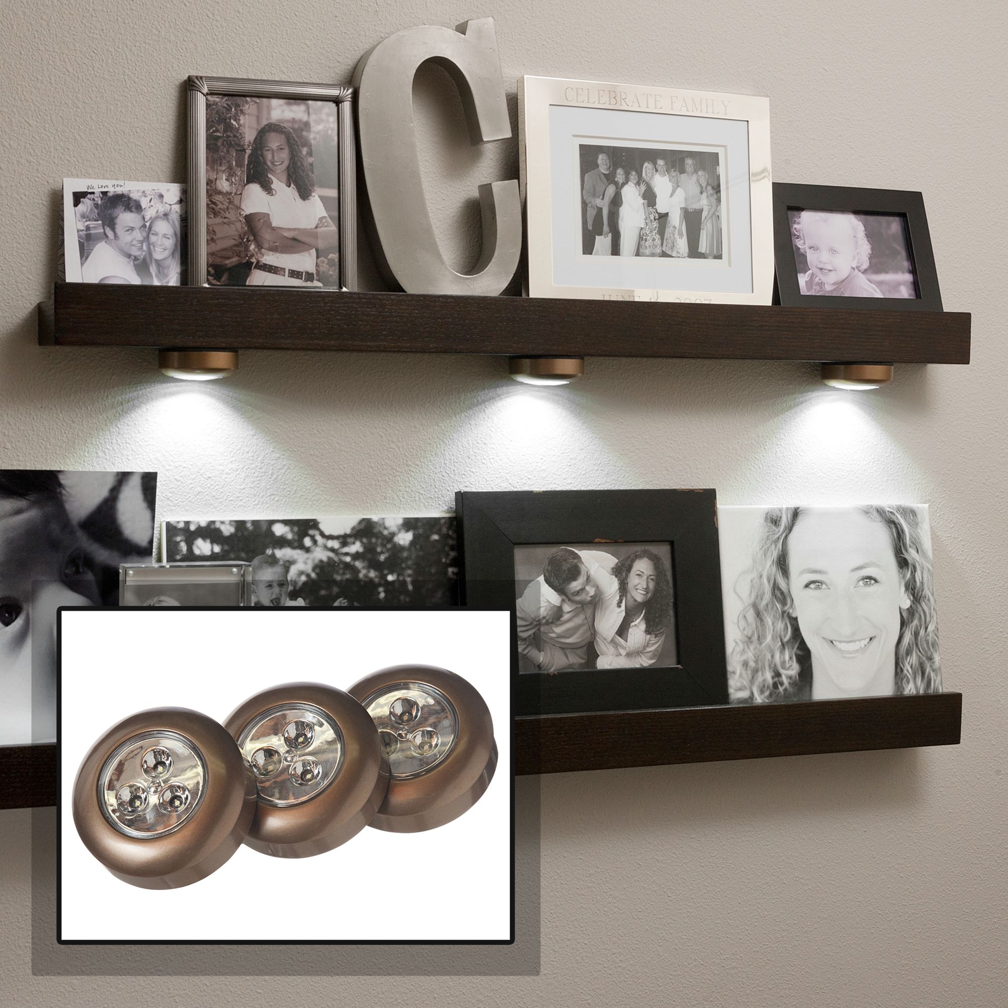 Fulcrum Set of 3 Puck LED Bronze Stick-On Cordless Lights