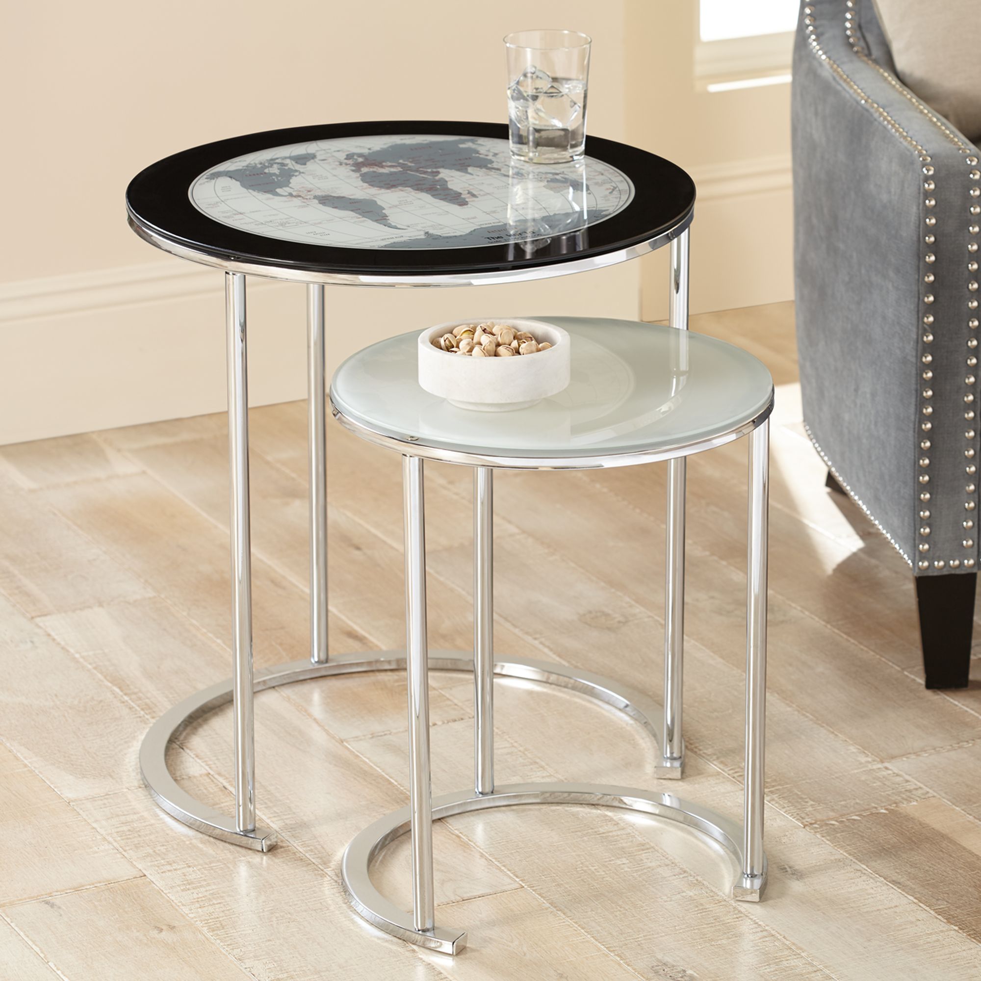 World Map 23 1/4" Chrome and Glass 2-Piece Nesting Tables