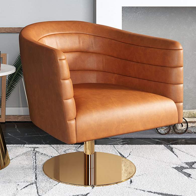 Zuo Justin Brown Faux Leather Tufted Swivel Accent Chair