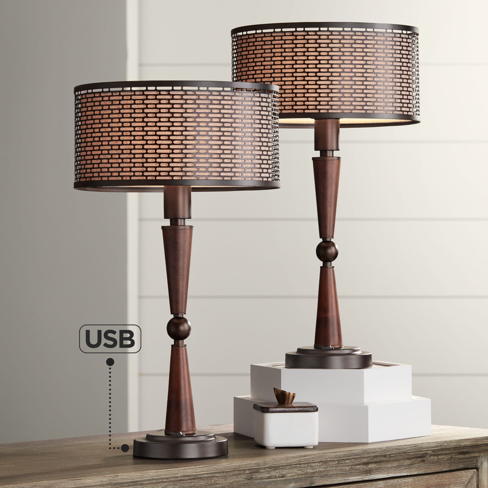 Hunter Bronze Accent Table Lamp with USB Port Set of 2 53X20 Lamps