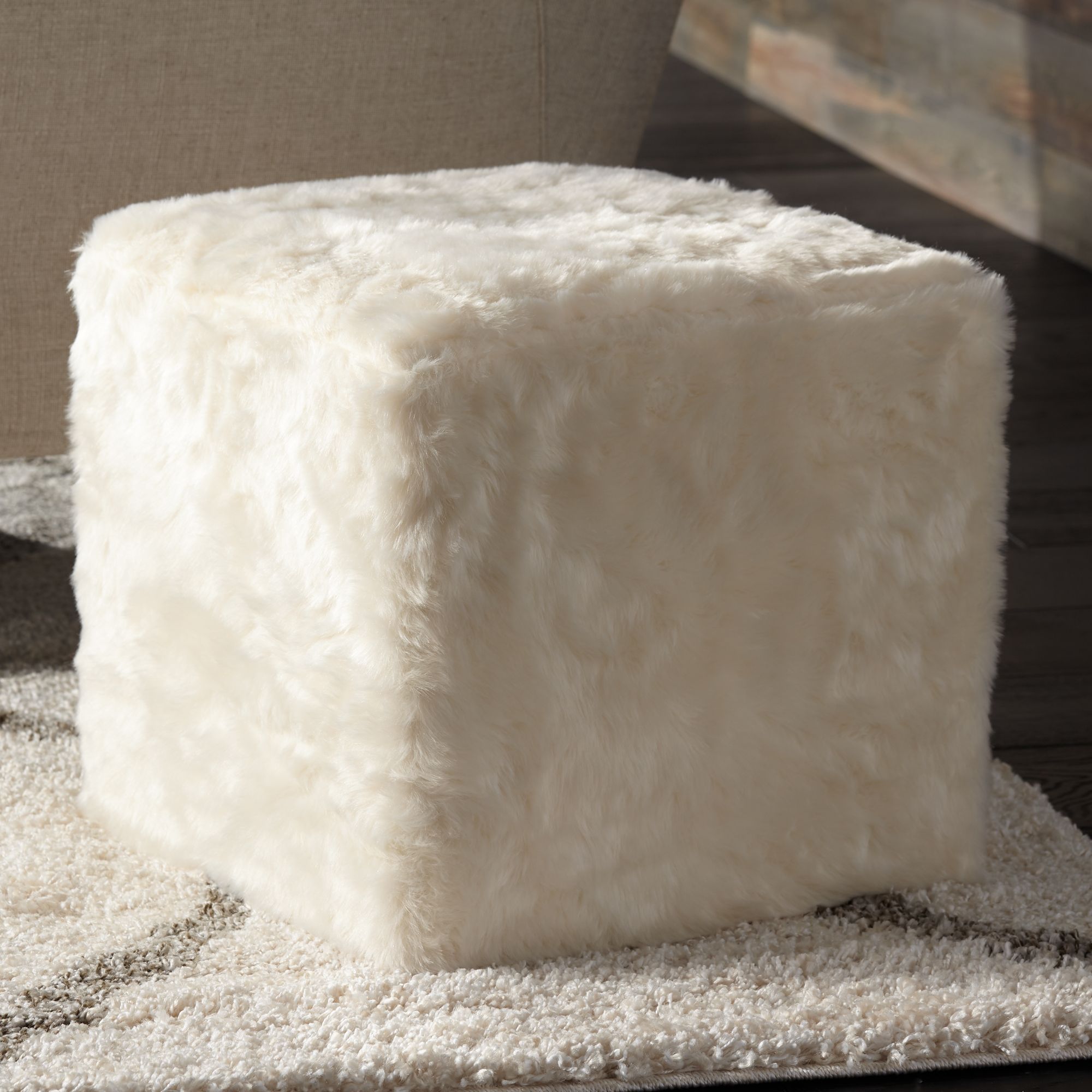 Modern Reflections White Faux Fur Square Pouf Ottoman 53X53 Lamps Plus