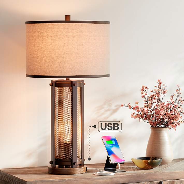 Otto Bronze Finish Night Light Table, Amber Mica Table Lamp With Usb Port