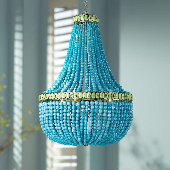 Hedy 22 Wide Pyrite Bronze Blue, Blue Turquoise Beaded Chandelier