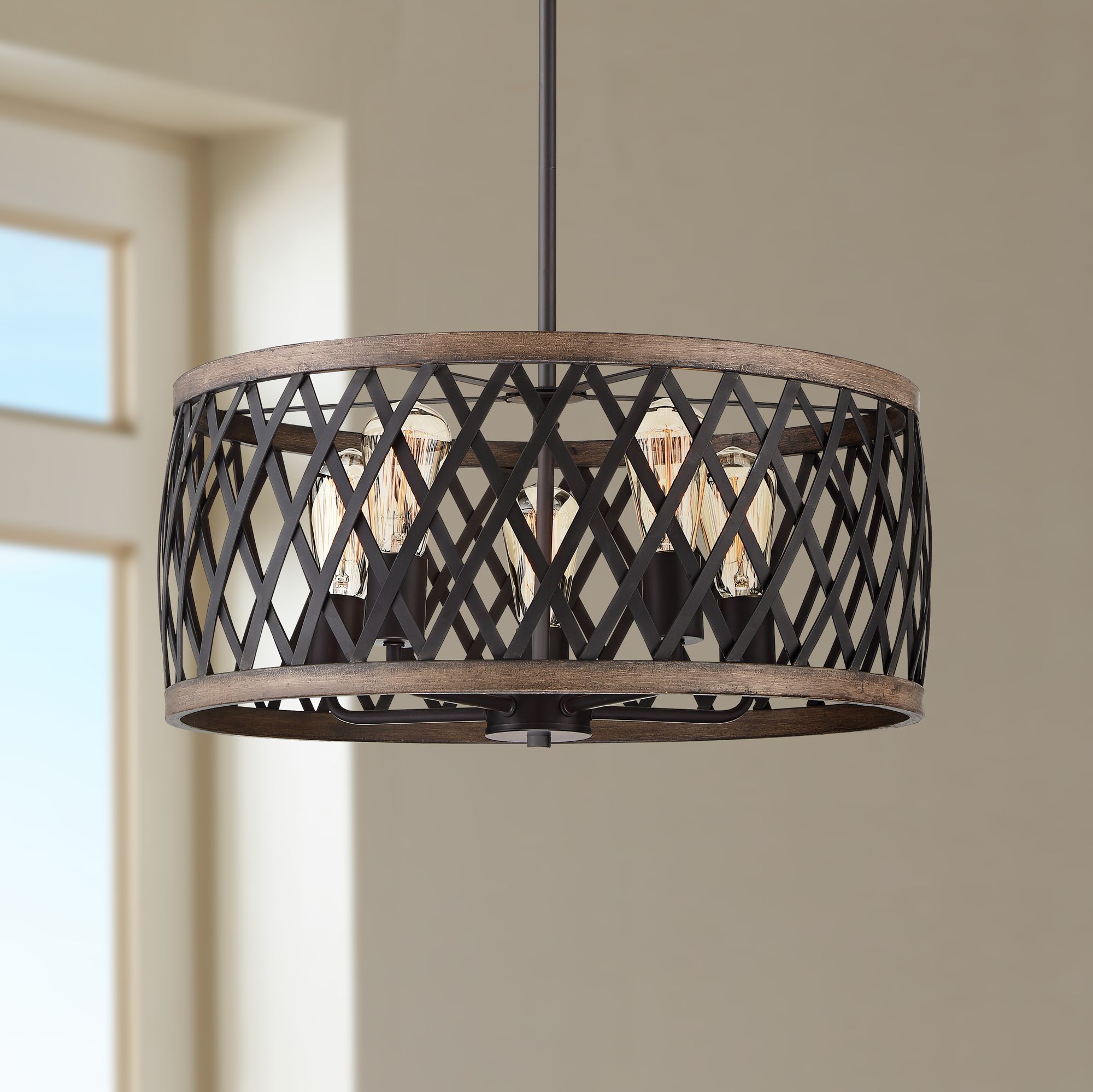 Aruba 20" Wide Woodgrain and Bronze 5-Light Drum Pendant
