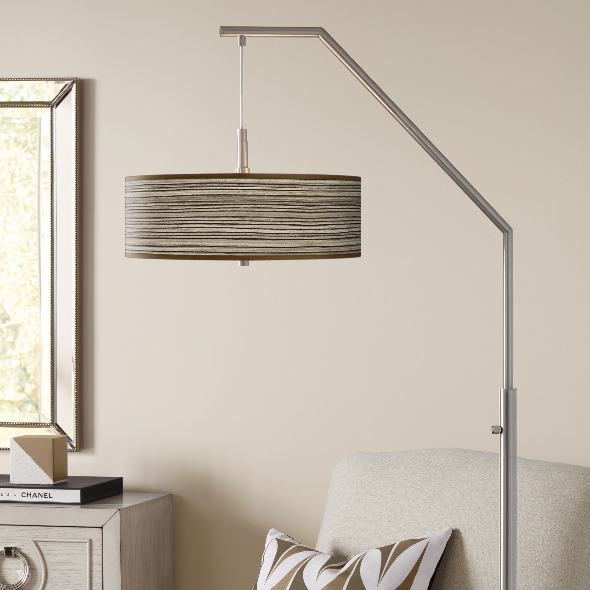 Cedar Zebrawood Giclee Shade Arc Floor Lamp