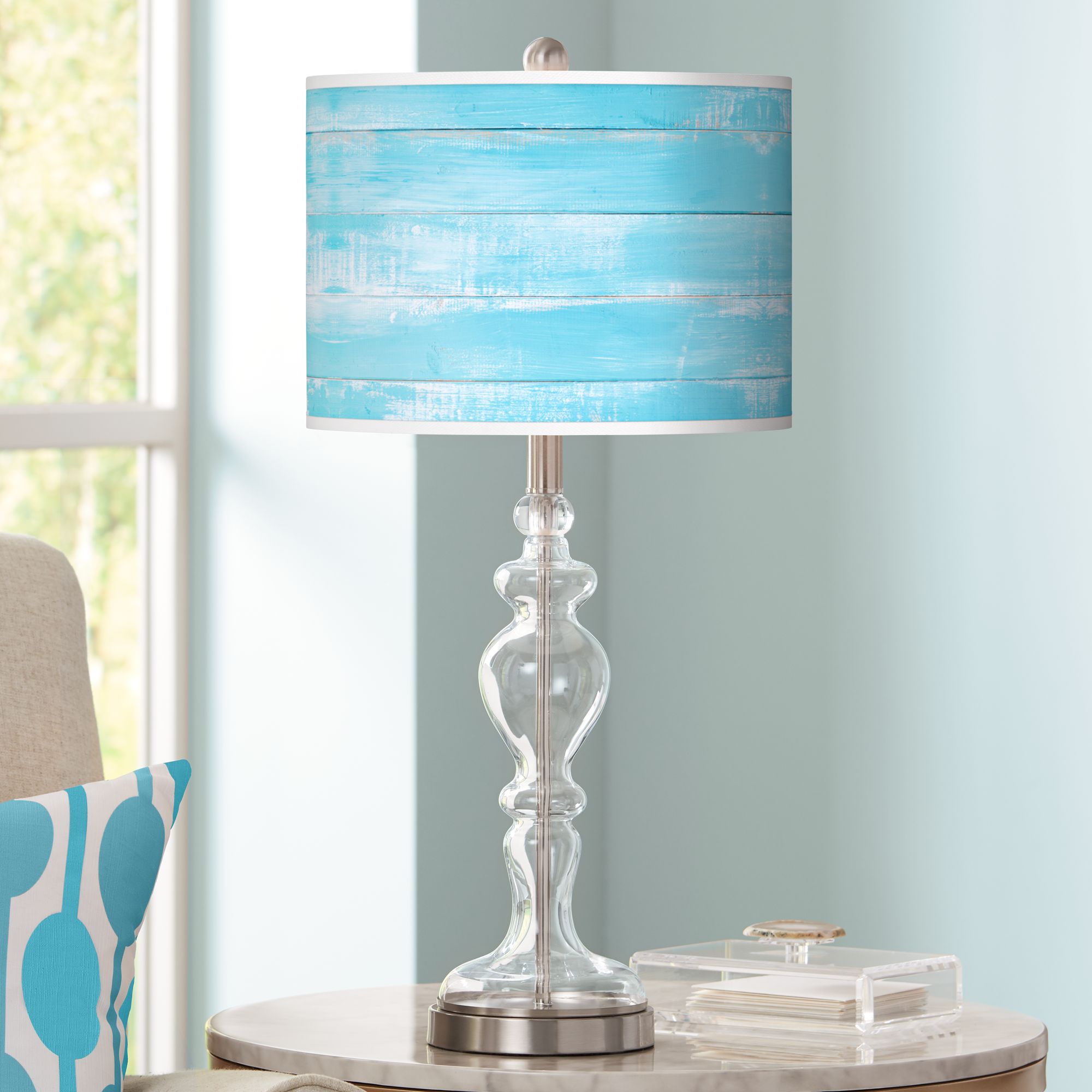 Barnyard Blue Giclee Apothecary Clear Glass Table Lamp