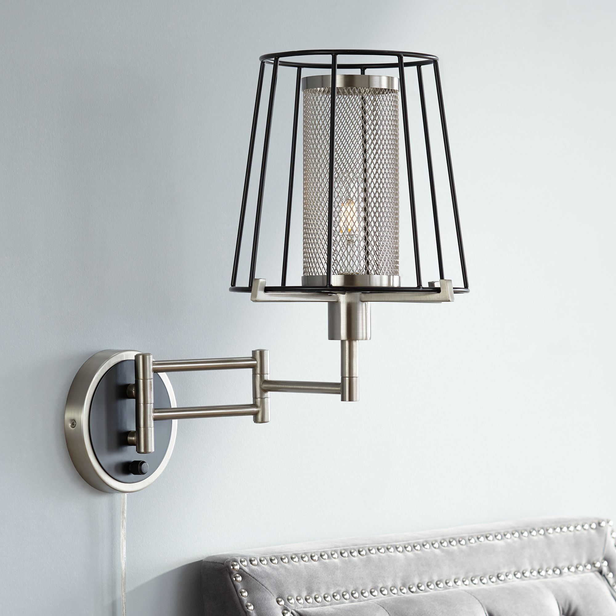 Eli Brushed Nickel and Matte Black Cage Swing Arm Wall Lamp