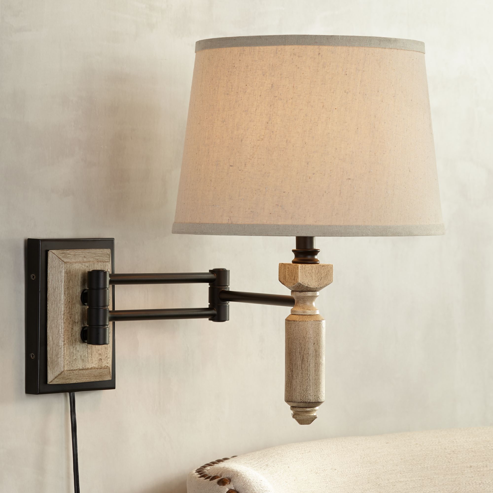 Cooper Black Metal and Pickled Wood Plug-In Swing Arm