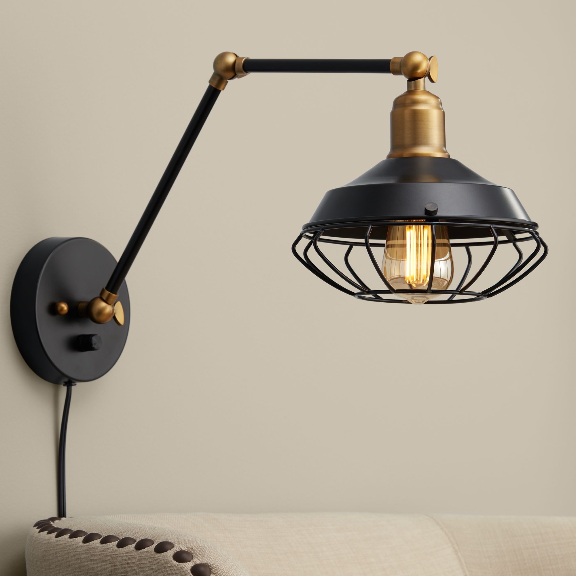 Zelda Matte Black and Gold Industrial Cage Wall Lamp