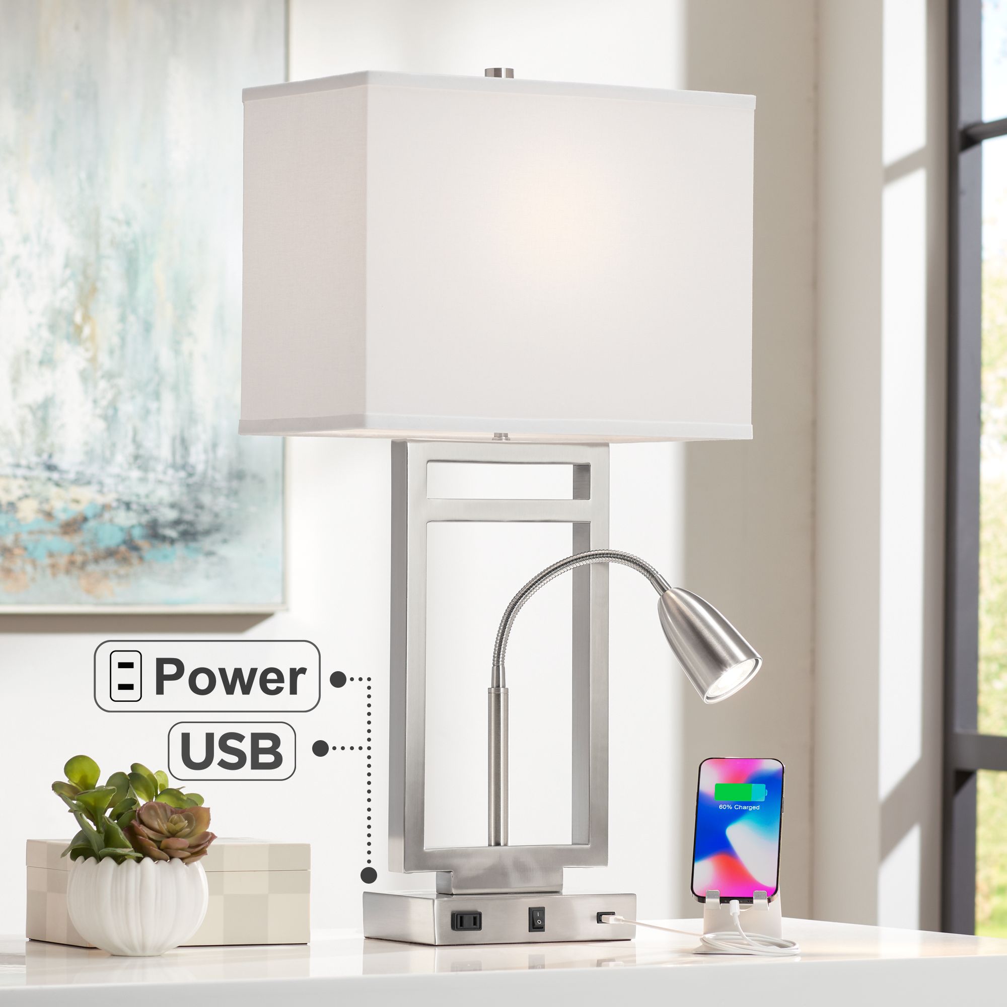 Nevel Brushed Nickel Gooseneck LED with USB Port and Outlet