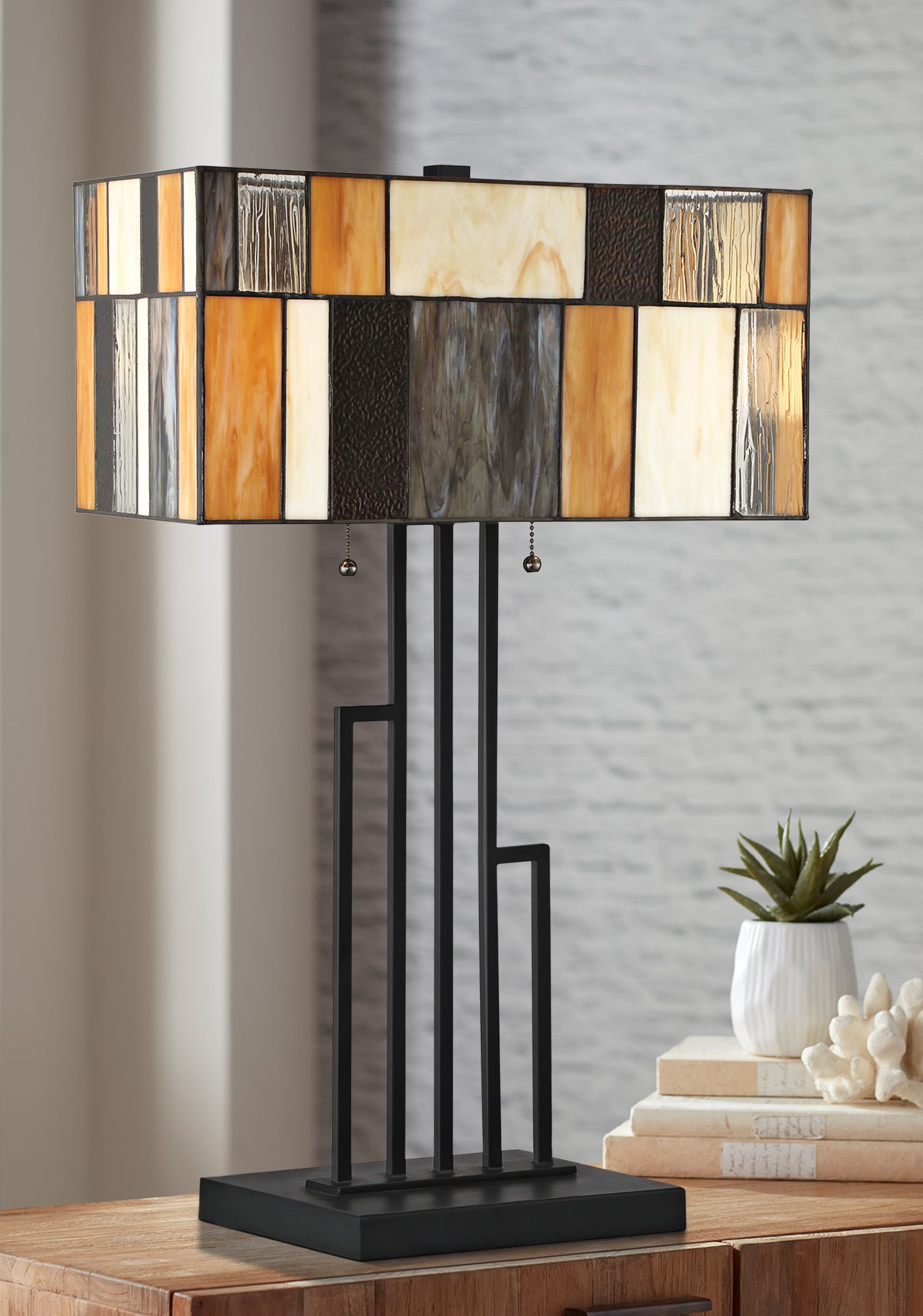 Lite Source Concertina Black Geometric Tiffany Table Lamp