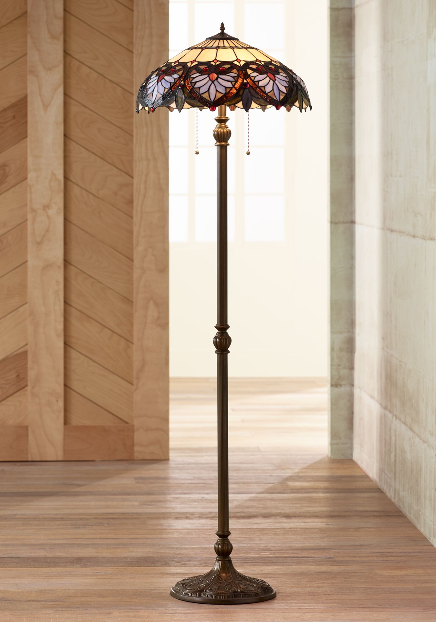 Heart Motif Patina Bronze Tiffany-Style Floor Lamp