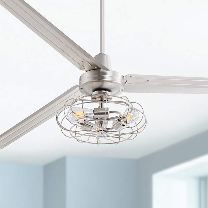 72 Brushed Nickel Led Vintage Cage Light Large Ceiling Fan 57t60 Lamps Plus - Satin Nickel Ceiling Fans With Lights