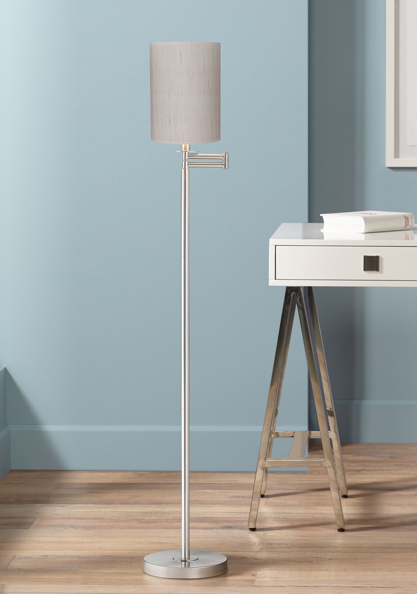 Ivory Linen Drum Brushed Nickel Finish Swing Arm Floor Lamp