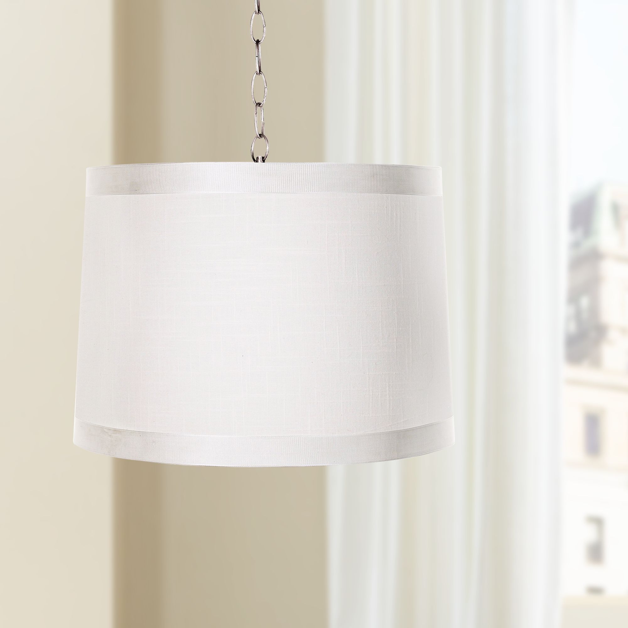 Off-White Drum 14" Wide Brushed Nickel Shaded Pendant
