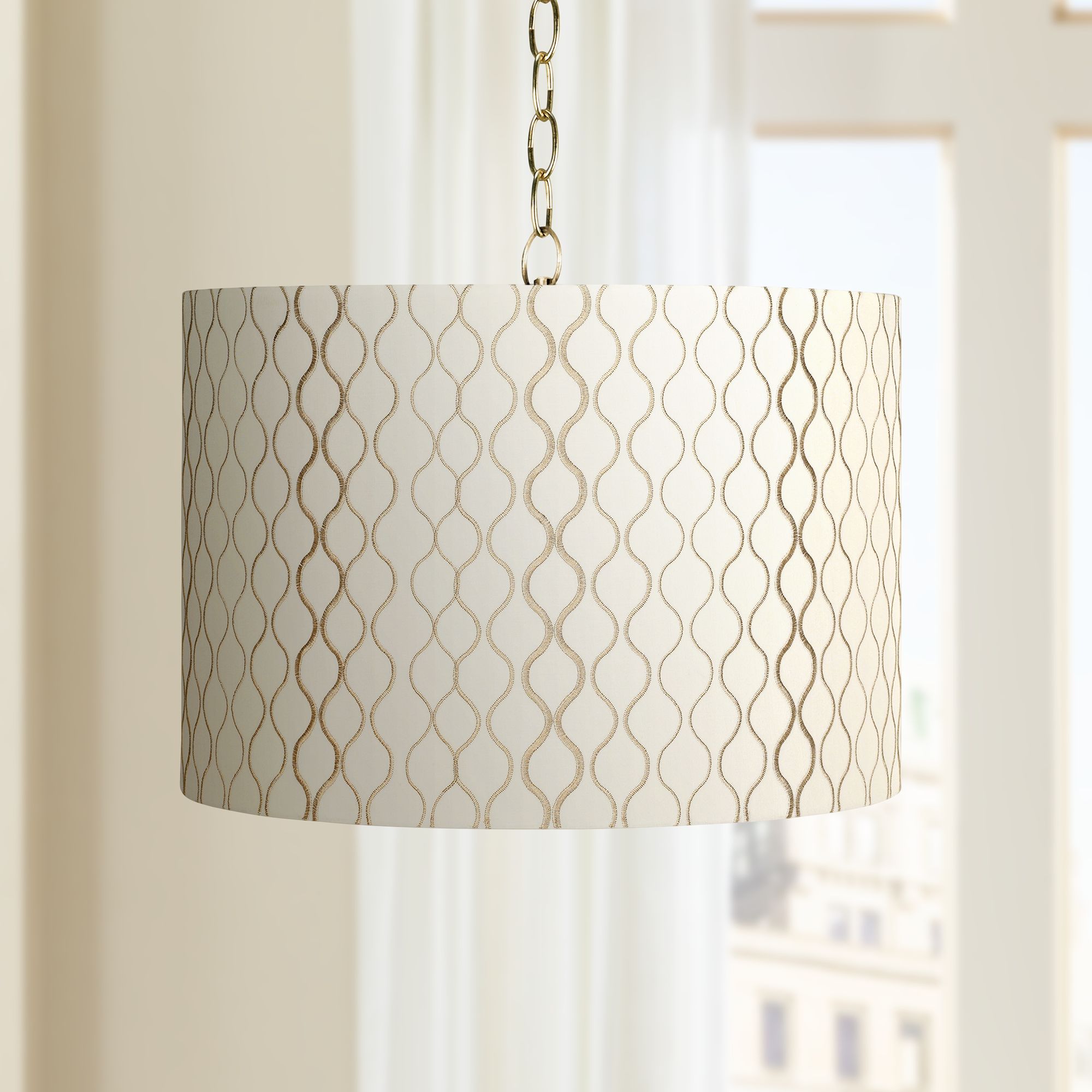 Embroidered Hourglass 16"W Brass Shaded Pendant Light
