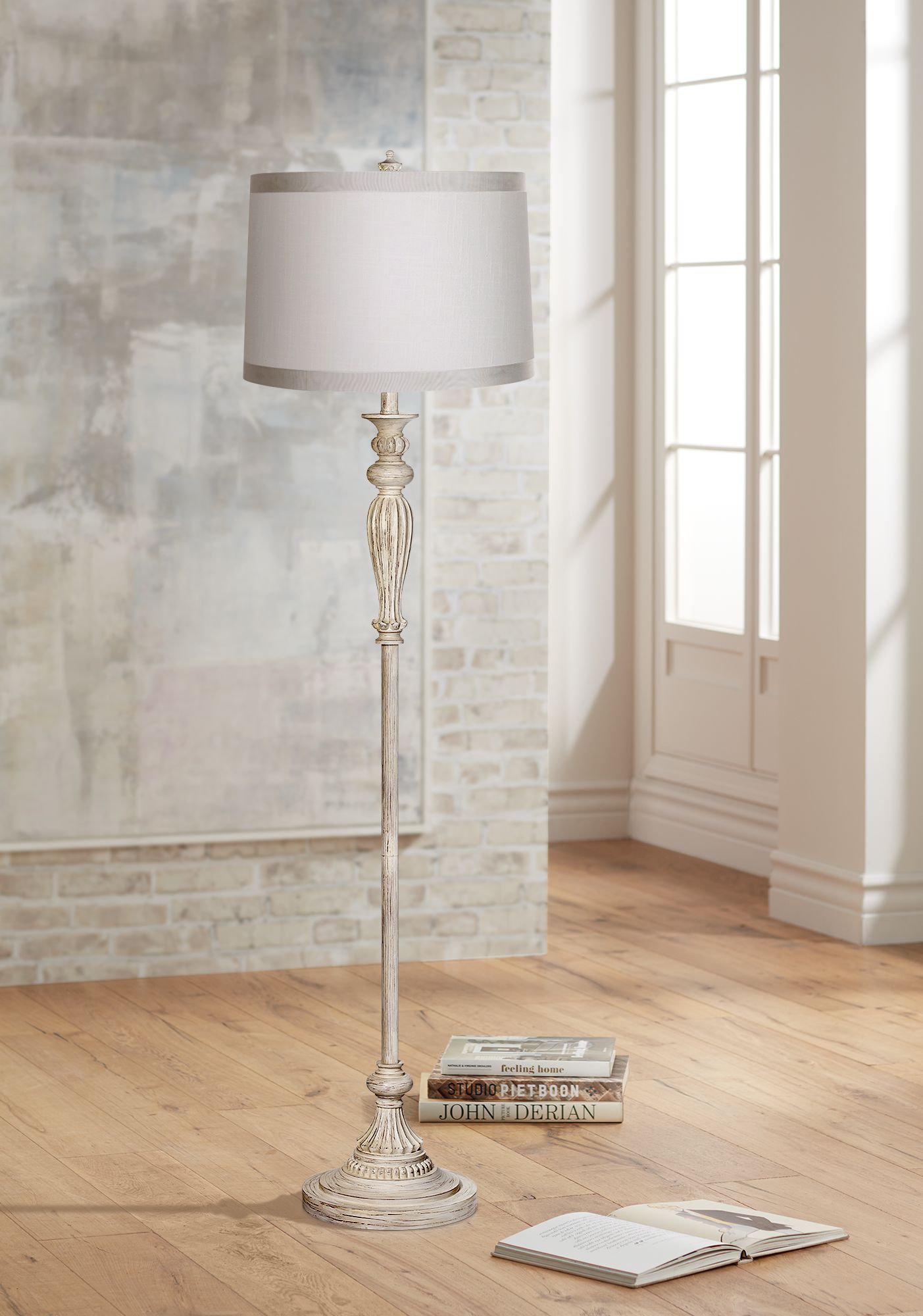 White Drum Shade Vintage Chic Antique Floor Lamp