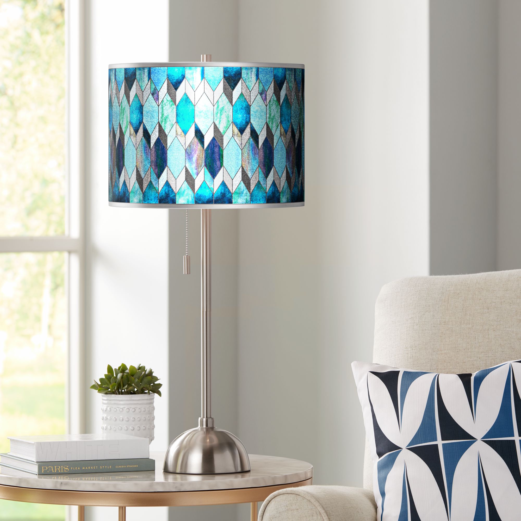 Blue Tiffany-Style Silver Metallic Brushed Nickel Table Lamp