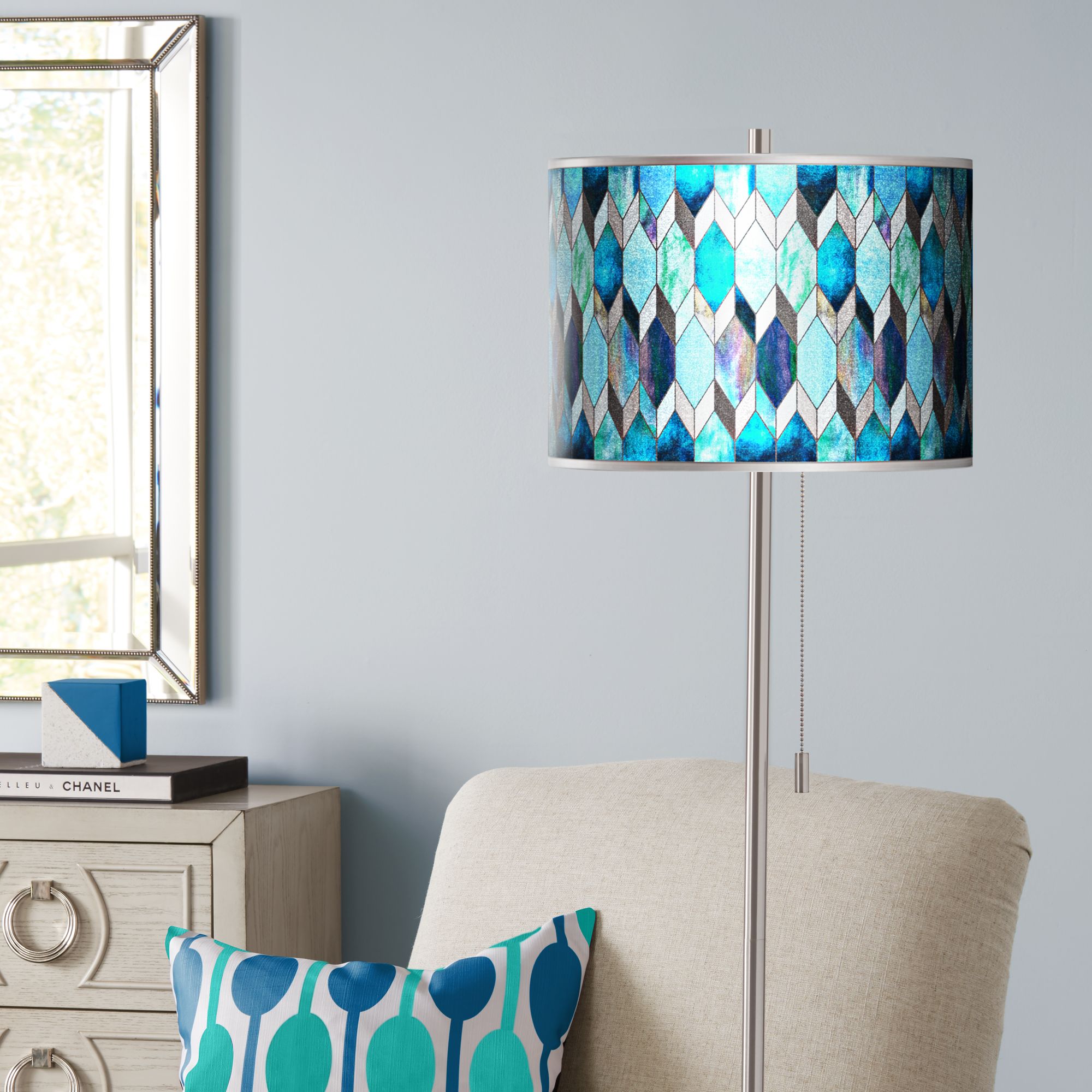 Blue Tiffany-Style Silver Metallic Brushed Nickel Floor Lamp