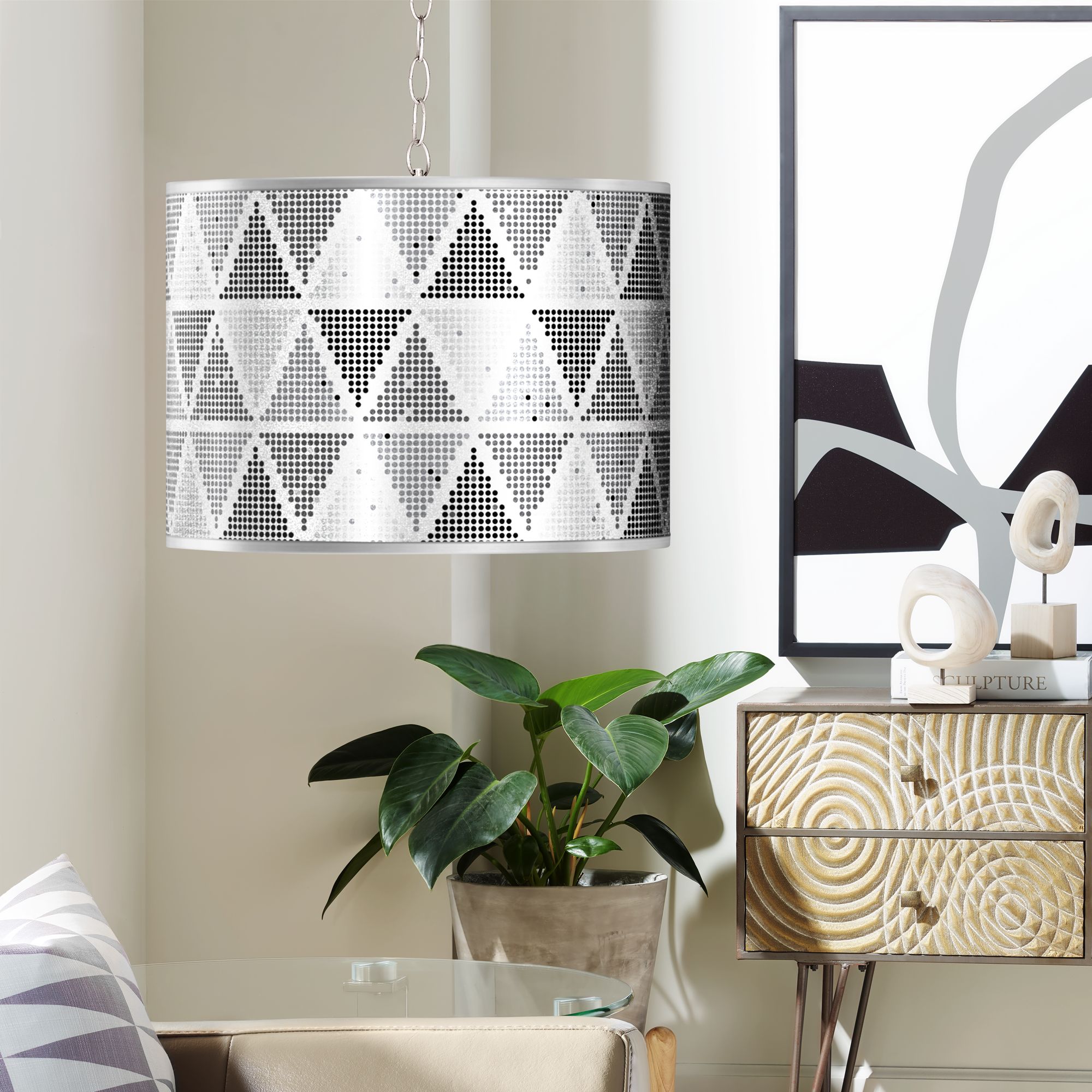 Swag Style Pointillism Silver Metallic Giclee Plug-In Chandelier