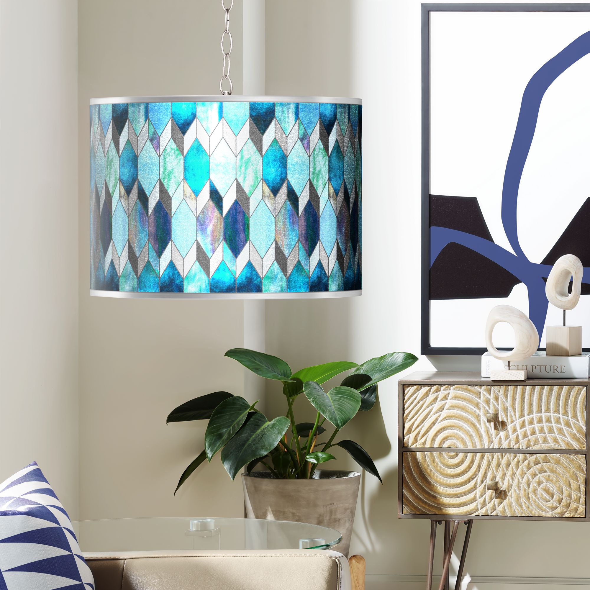 Swag Style Blue Tiffany-Style Silver Metallic Plug-In Chandelier