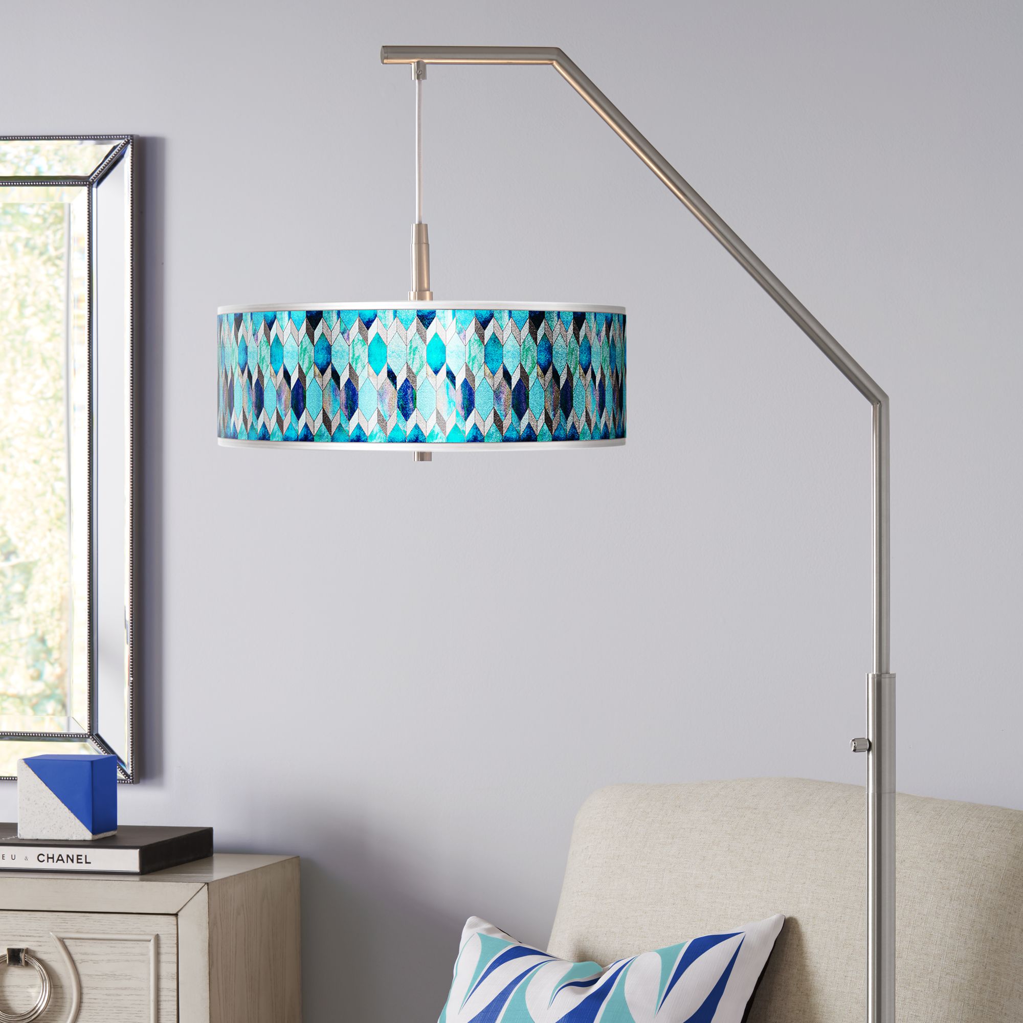 Blue Tiffany-Style Silver Metallic Giclee Shade Arc Floor Lamp