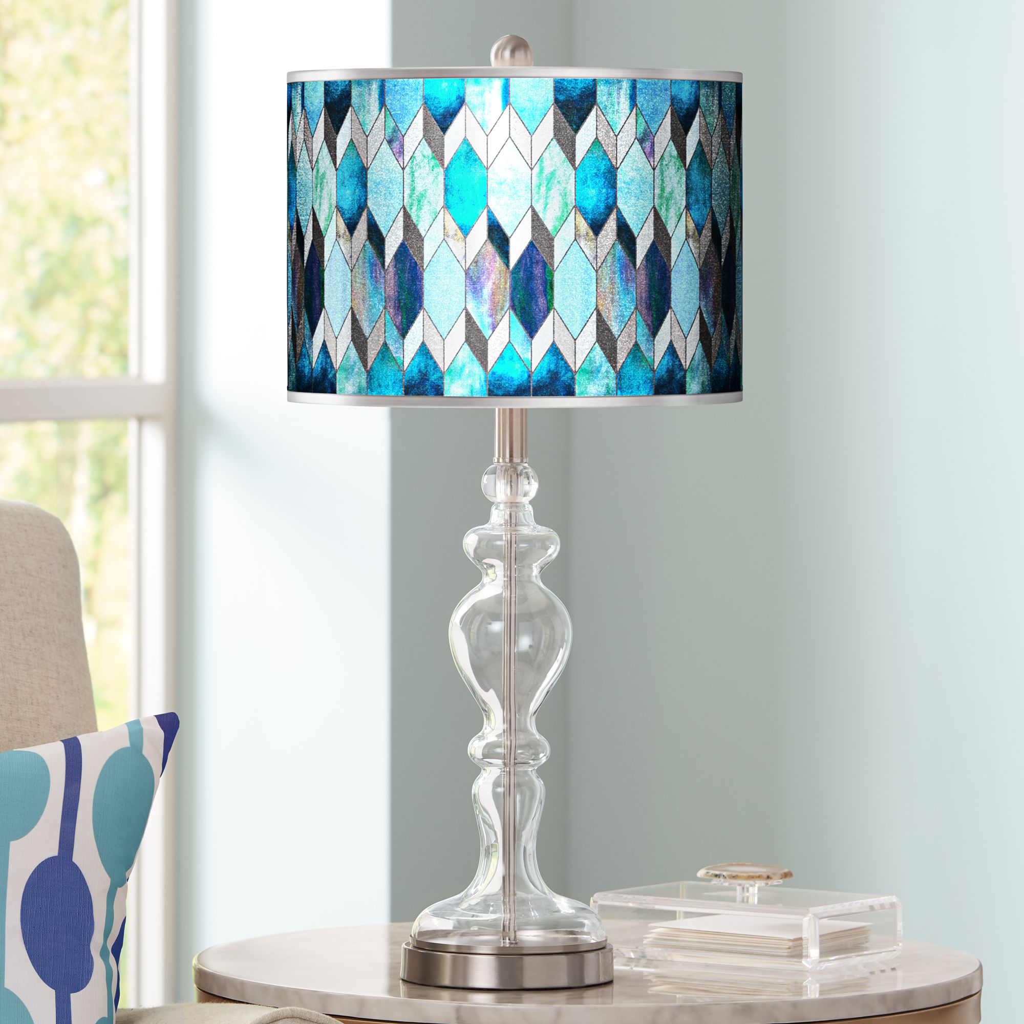 Blue Tiffany-Style Silver Metallic Apothecary Glass Table Lamp