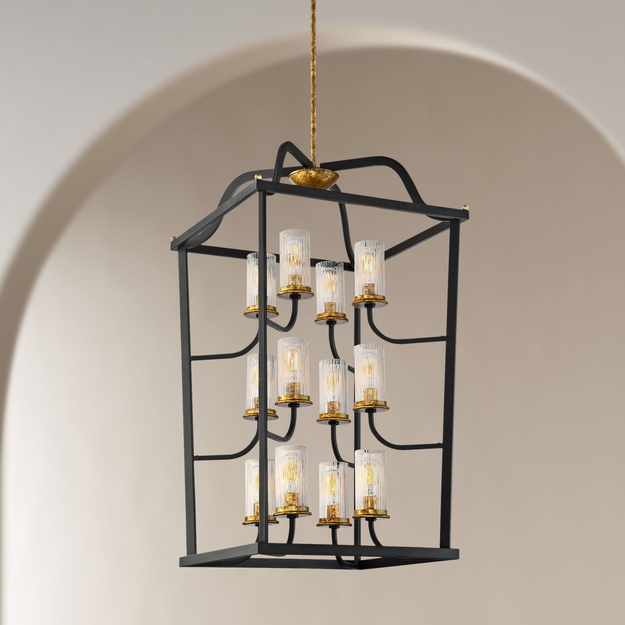 Posh Horizon 24"W Sand Black and Gold Leaf 12-Light Pendant