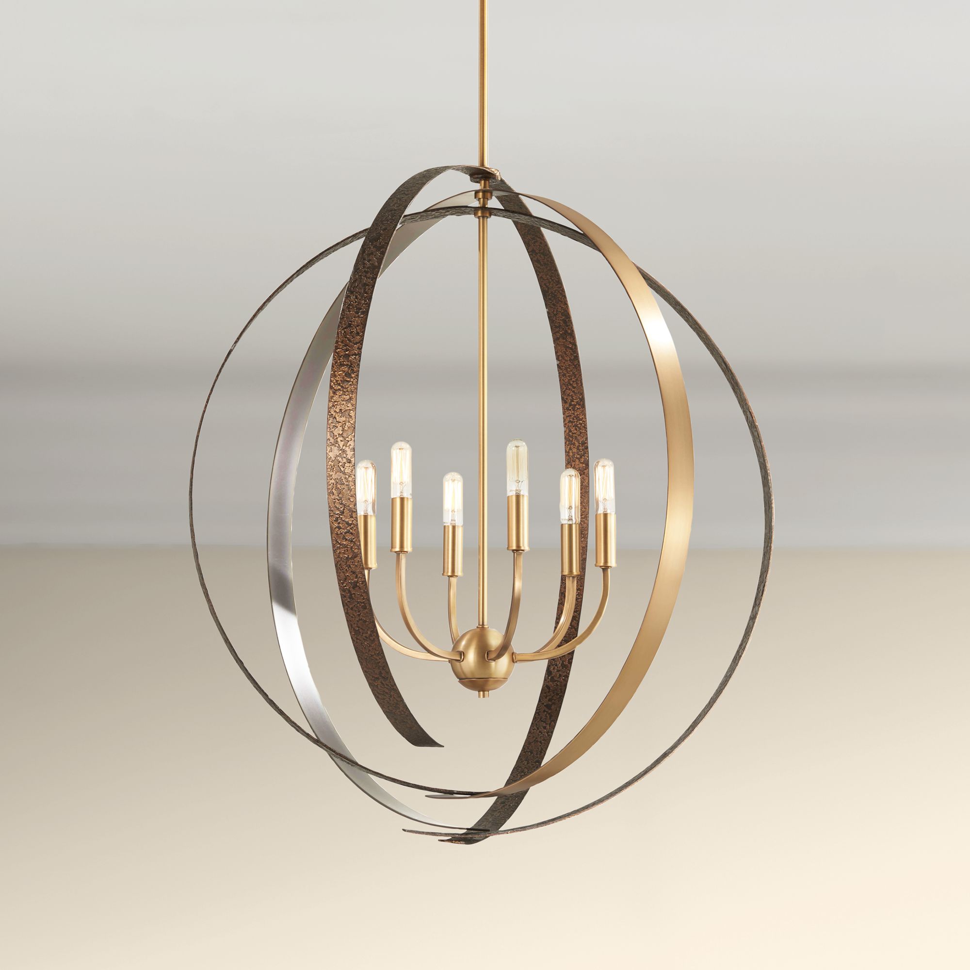 Criterium 30" Wide Aged Brass and Textured Iron 6-Light Pendant