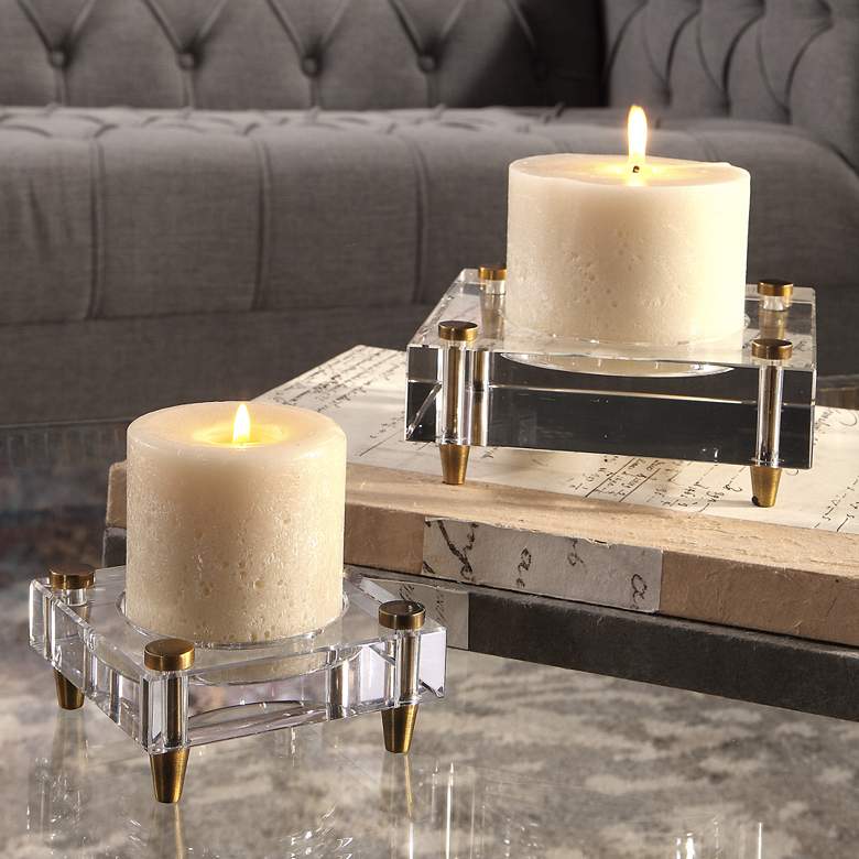 Claire Brass and Crystal Pillar Candle Holder Set of 2