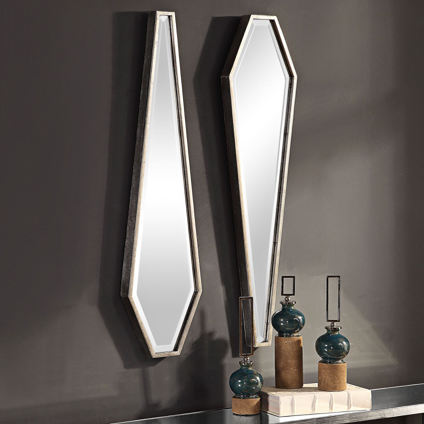 Sabera Silver Leaf 9 1/2" x 36" Wall Mirrors Set of 2