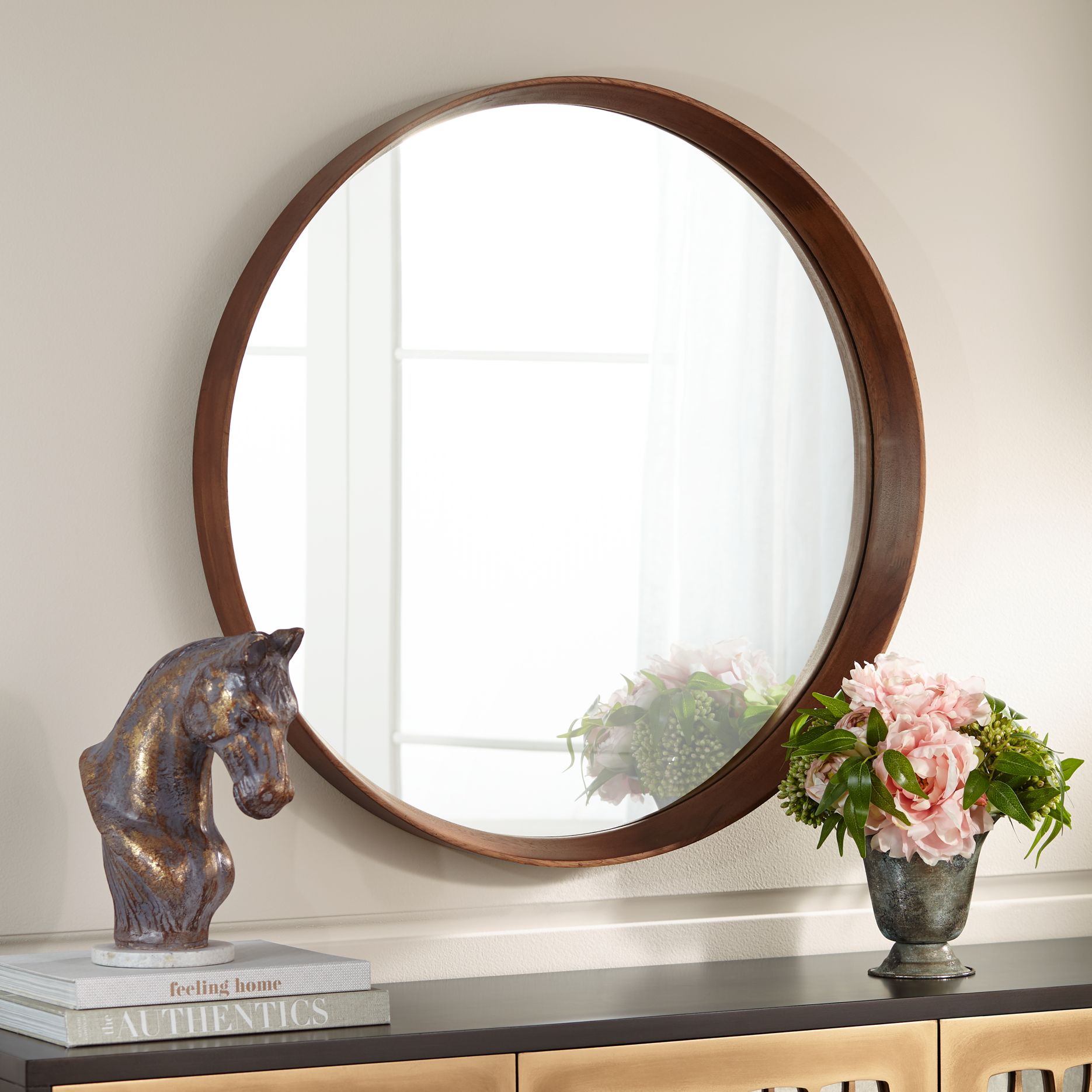 Kieran Golden Walnut 33" Round Wall Mirror