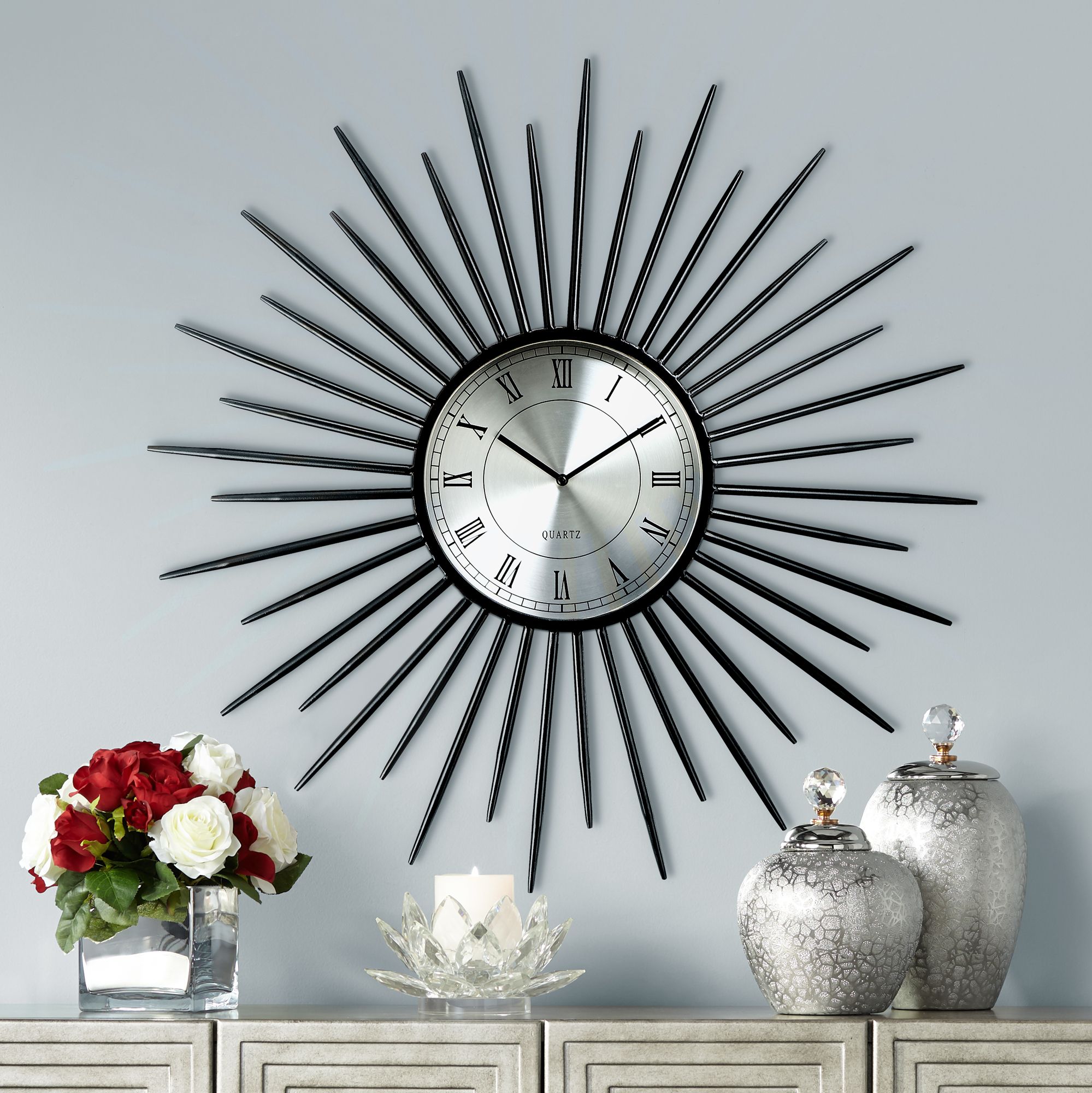 Castallia Black 28" Round Metal Sunburst Wall Clock