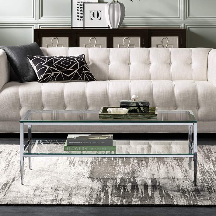 Rectangle Glass Coffee Table Modern Living Room Furniture Top Lower Shelf Chrome 
