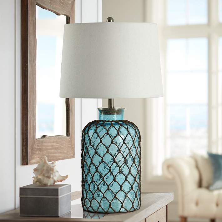 Montego Bay Blue Table Lamp With Off White Fabric Shade 58t30 Lamps Plus
