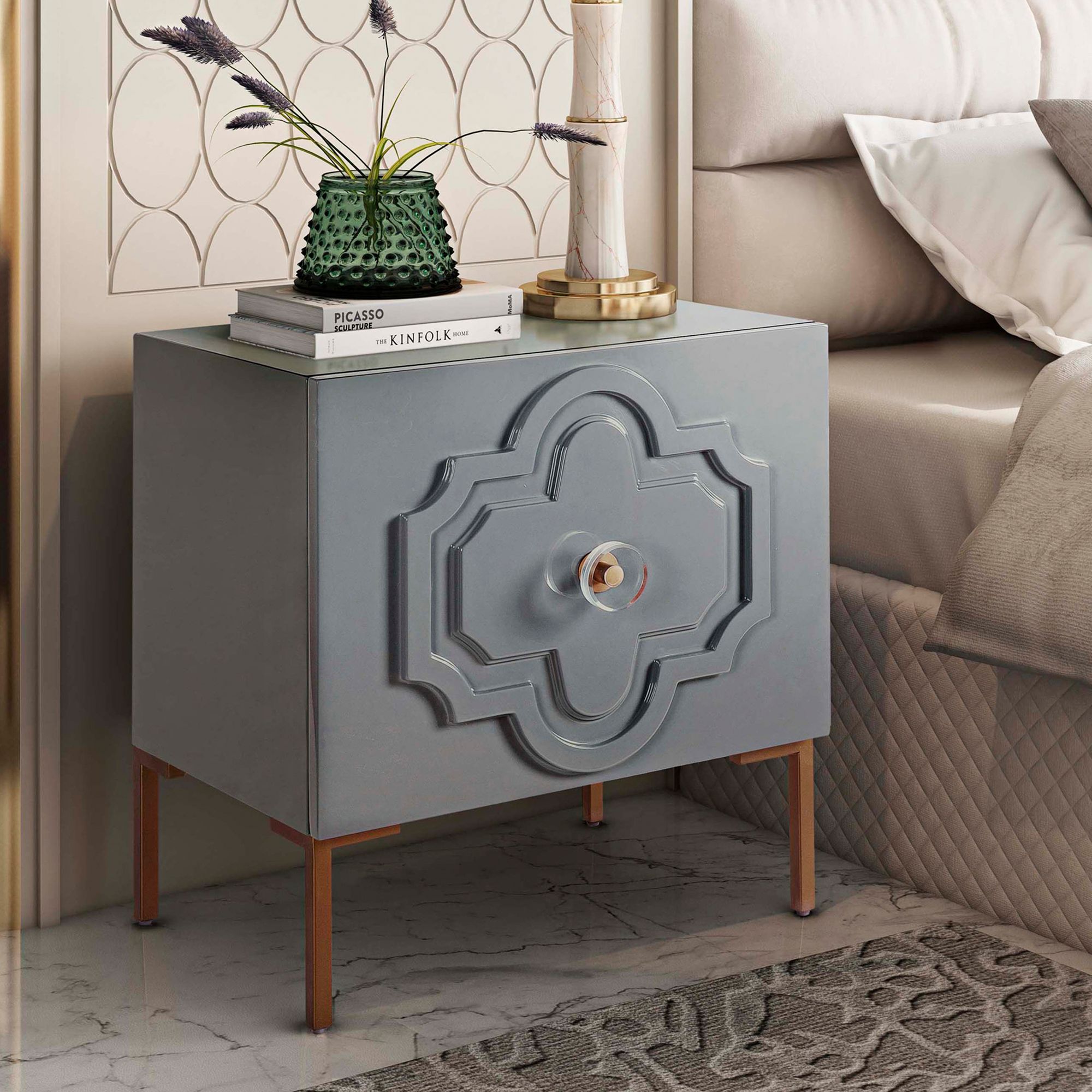 Anna Gray Lacquer 1-Door Side Table