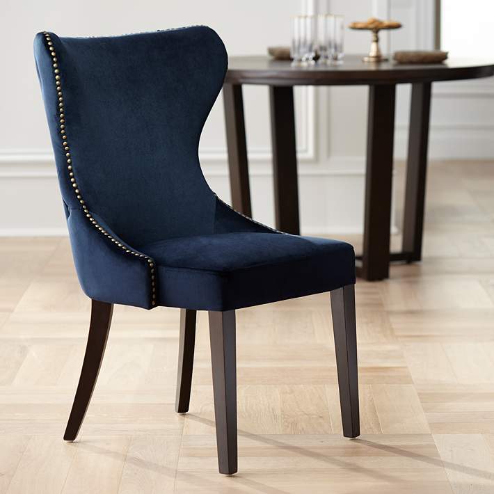 Ariana Antique Brass Trimmed Navy Blue, Dark Blue Velvet Dining Room Chairs