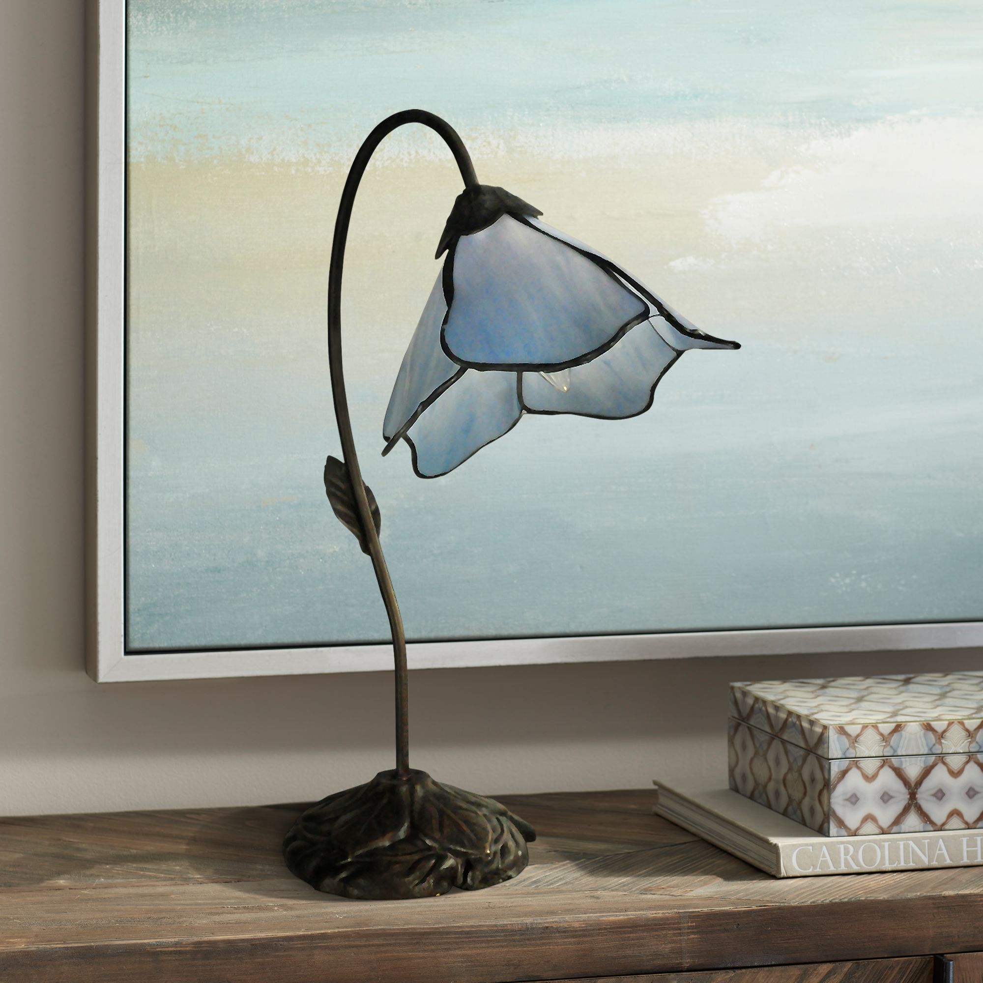Dale Tiffany Poelking Blue Lily Art Glass Desk Lamp