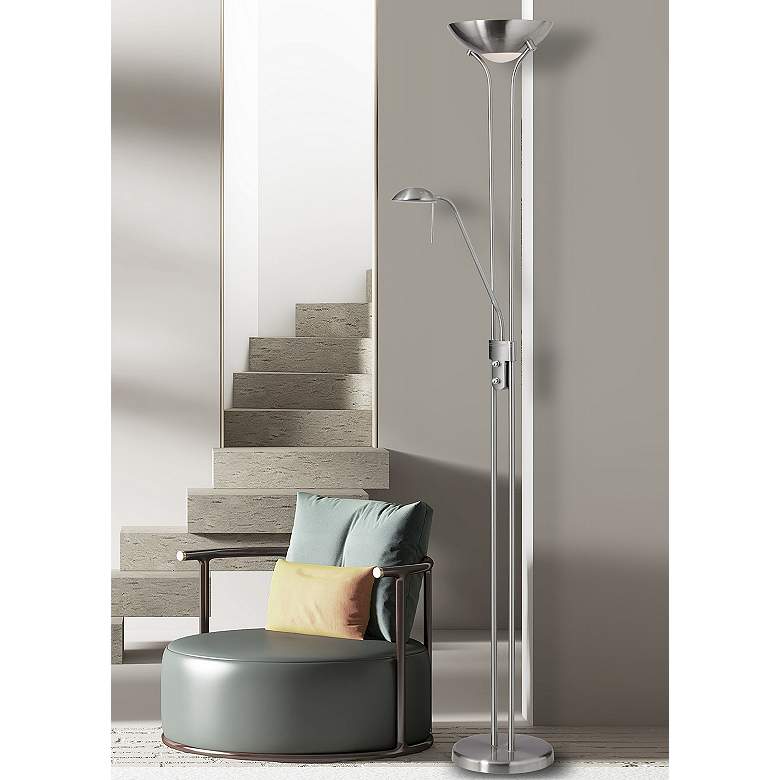 Mother And Son Satin Chrome Metal Torchiere Floor Lamp