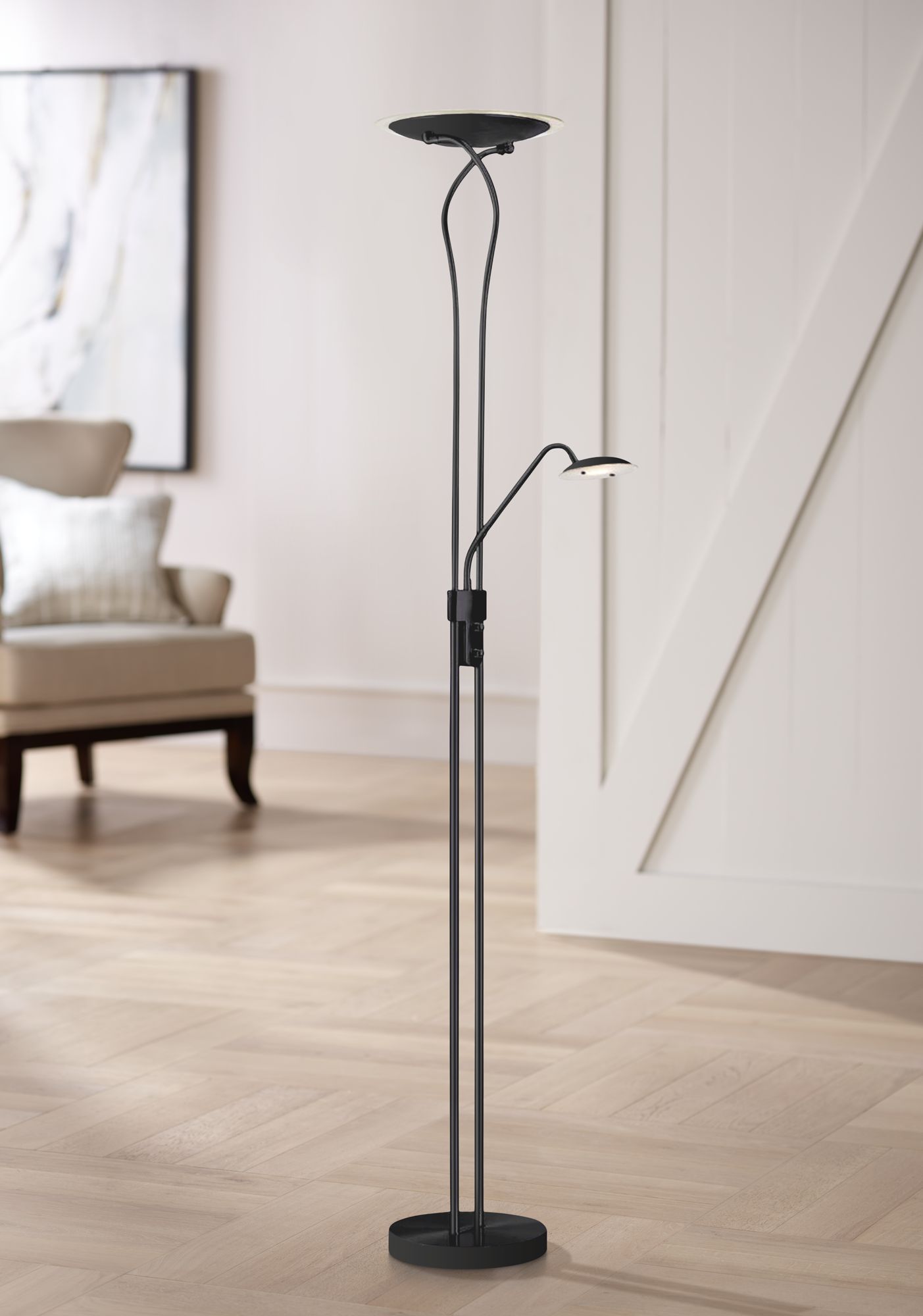 Mother and Son Matte Black Metal LED Torchiere Floor Lamp