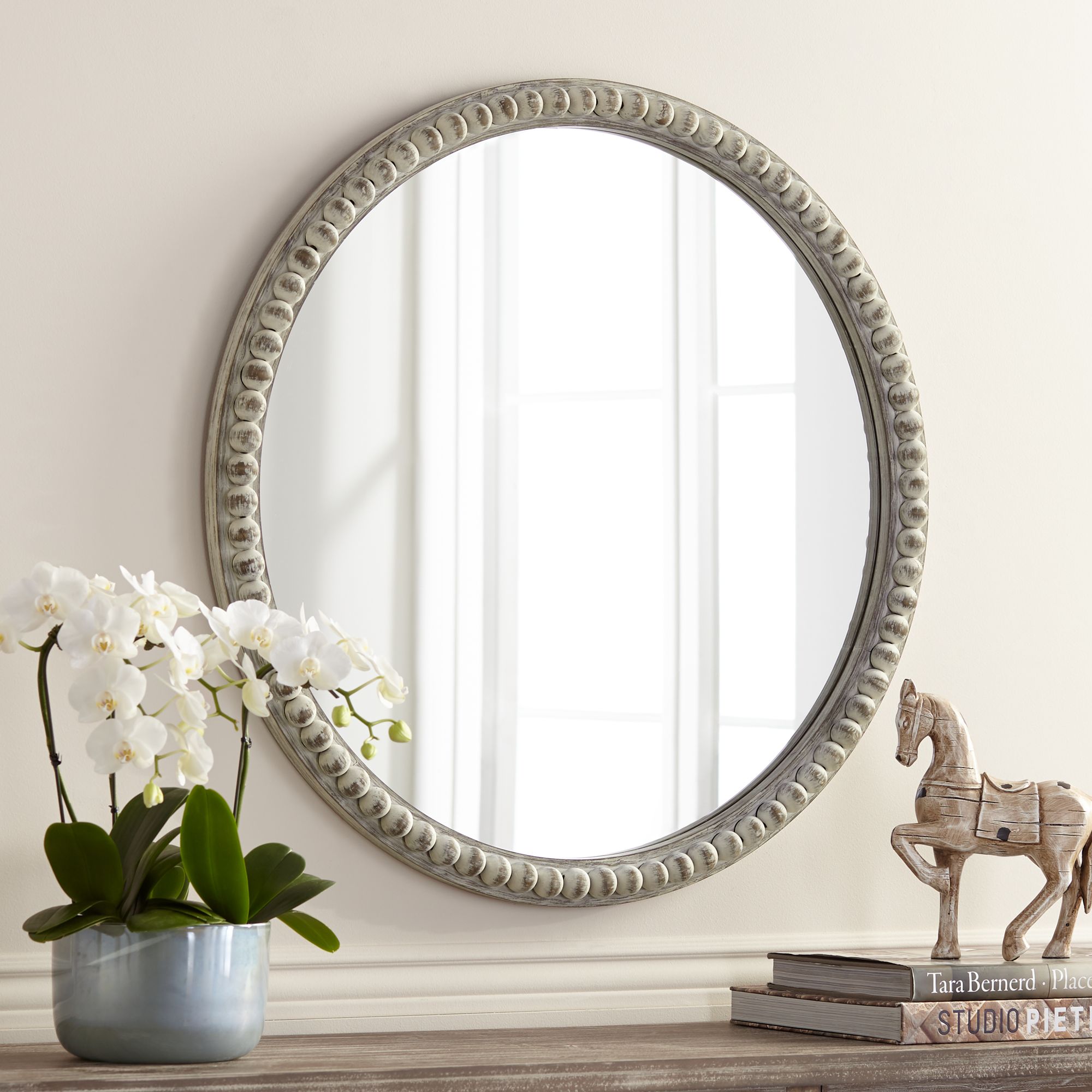 Ariel White Wash 30" Wood Round Wall Mirror