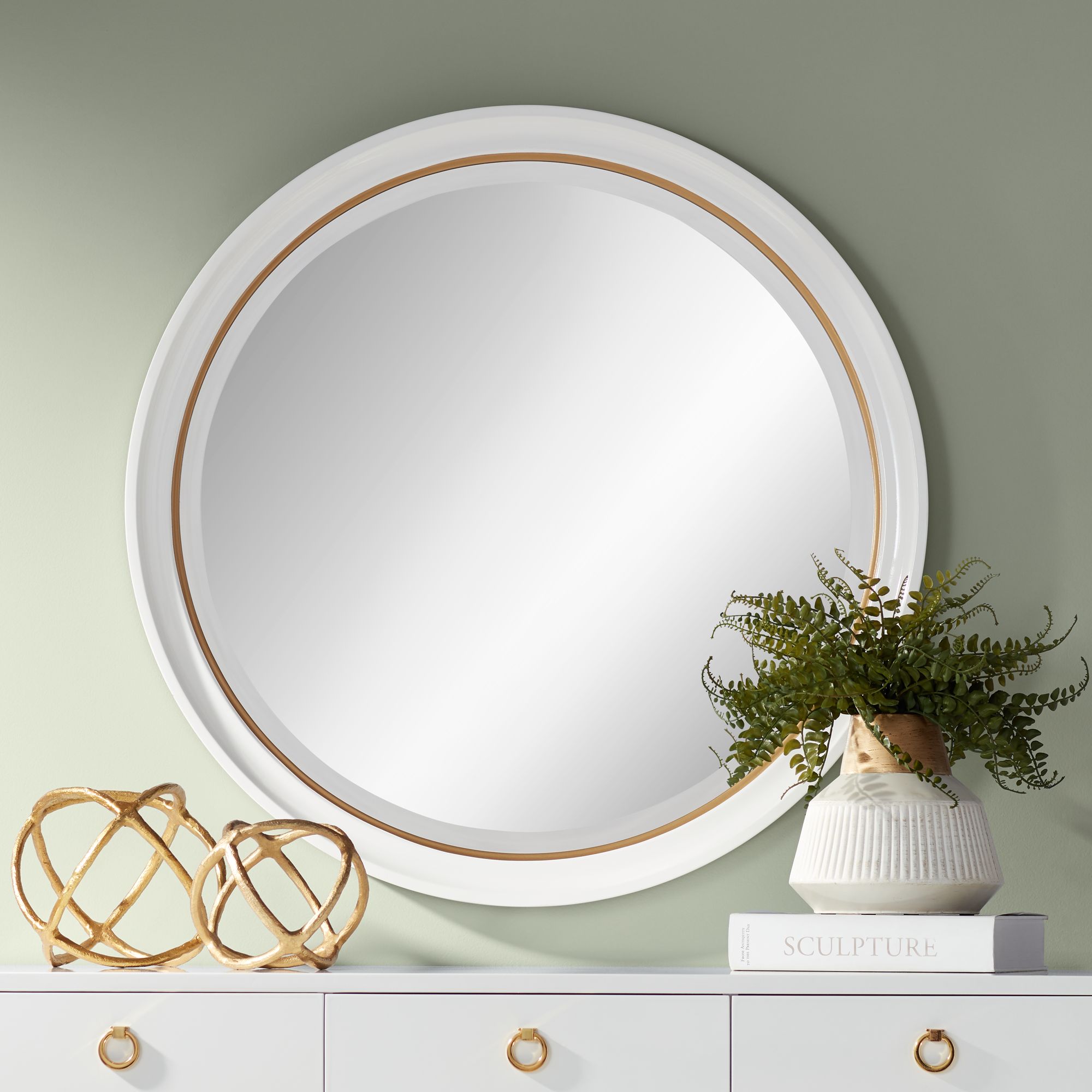 Kim White and Gold Inner Rim 33 3/4" Round Wall Mirror