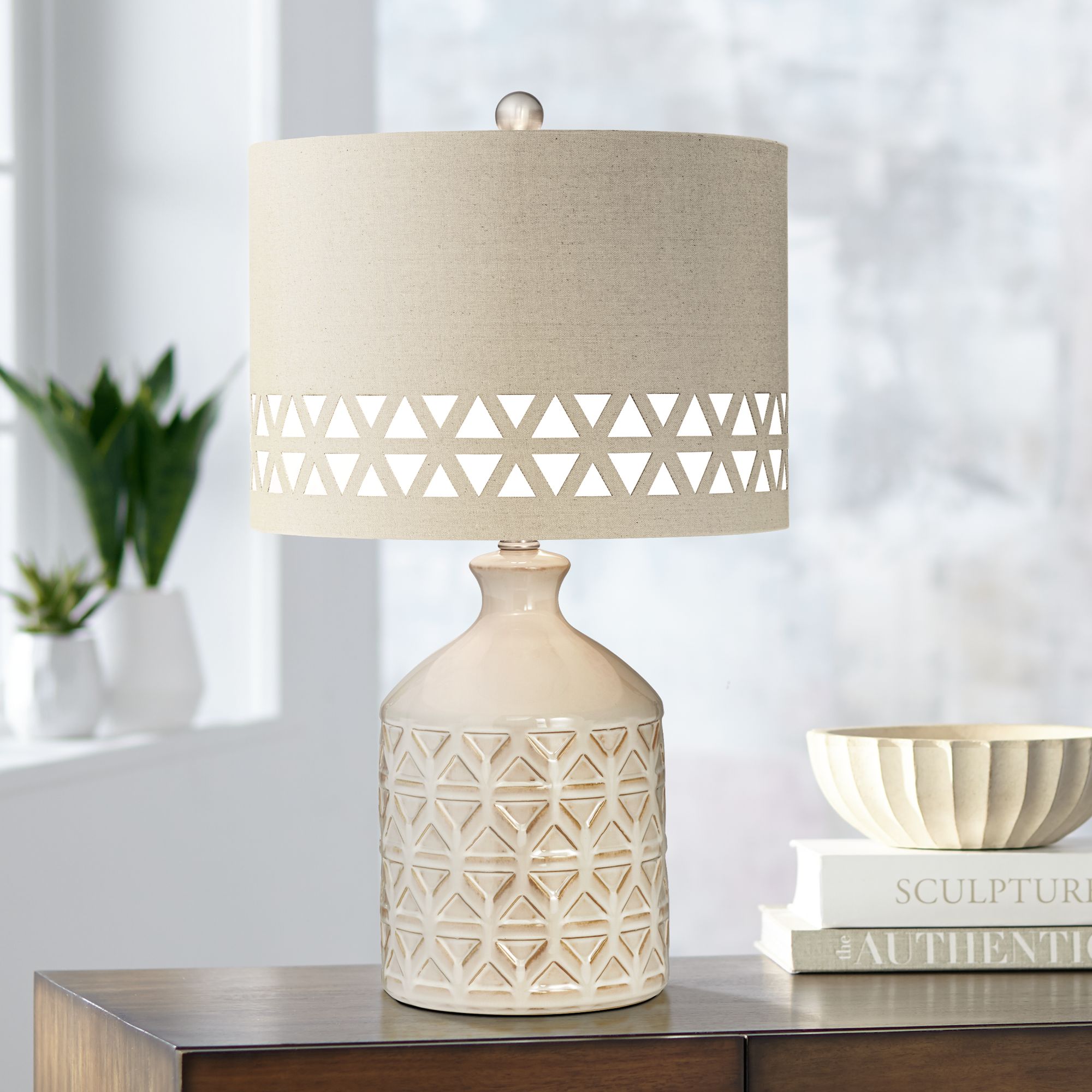 Kathy Ireland Menlo Creme Triangle Pattern Accent Table Lamp