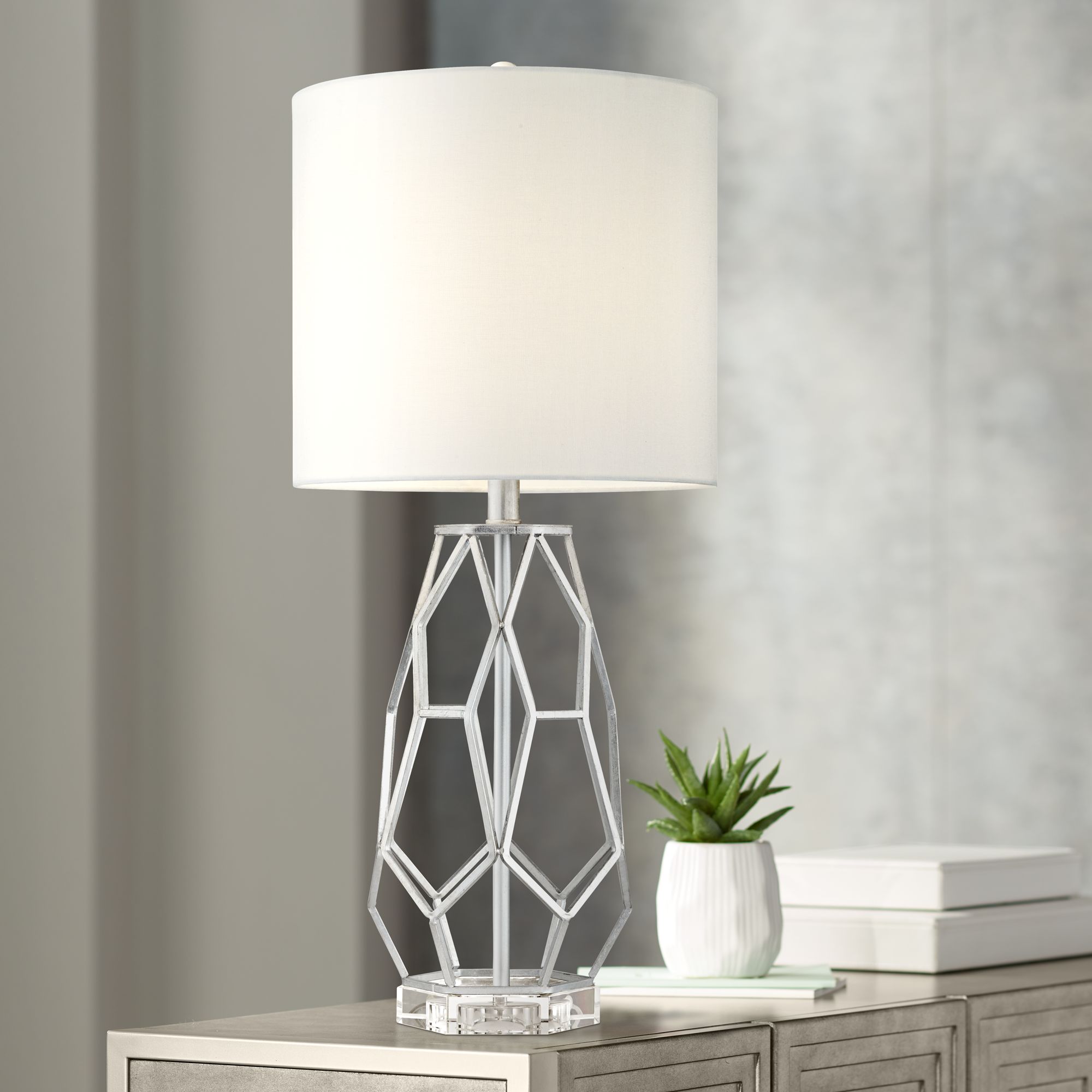 Trellis Silver Leaf Metal Cage Table Lamp