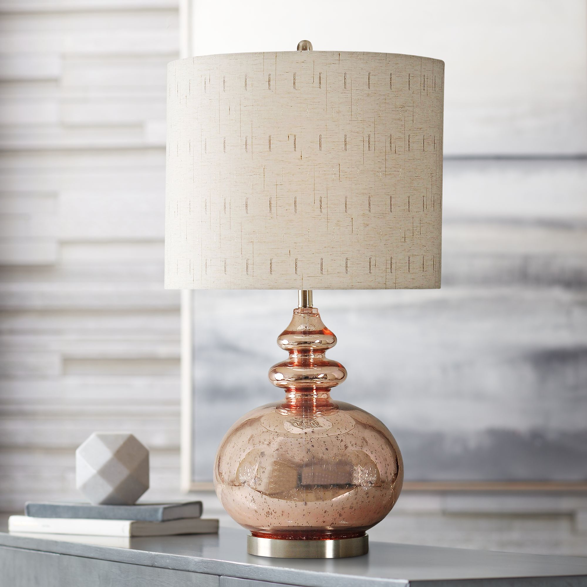 Gemvara Rose Gold Table Lamp with Beige Designer Print Shade