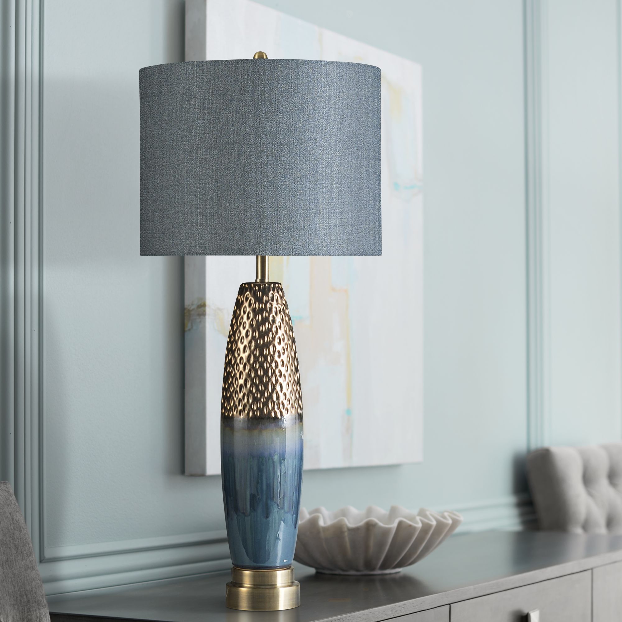 Bedford Blue and Copper Table Lamp w/ Styrene Shade